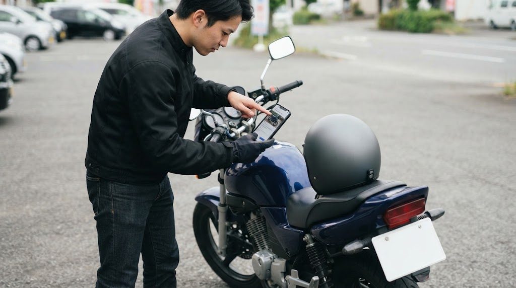 停めたバイクの横で、男性がスマホの画面をハンドル付近にかざし、反対の手で指さしている様子