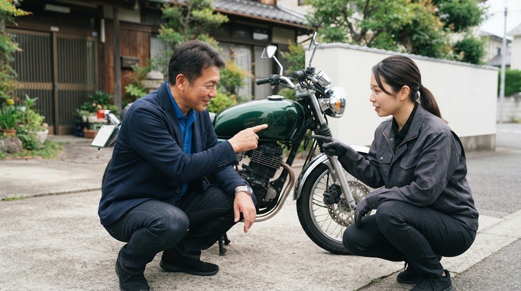 自宅前に停めたバイクの横で、ジャケット姿の男性と作業服の女性がしゃがみ、タンクのあたりを一緒に指さしている様子