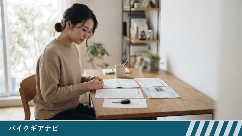自宅の机で、女性が書類に手を置いて見ており、机の上にはほかの書類と冊子、車のキーが置いてある様子