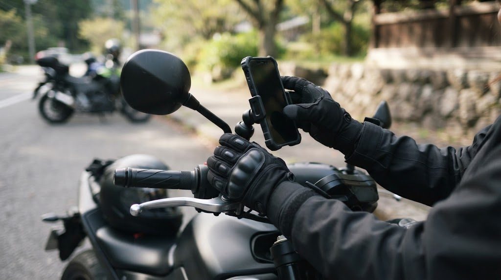停車したバイクのハンドルバーに付けたクランプ式のスマホホルダーで、グローブをした手がスマホの向きを整えている手元