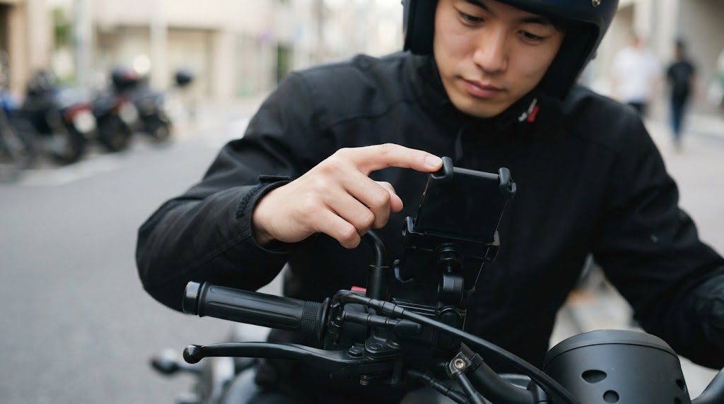爪で挟むタイプのスマホホルダーにスマホをはめ、男性が人さし指で角の爪のかかり具合を押して確かめている様子