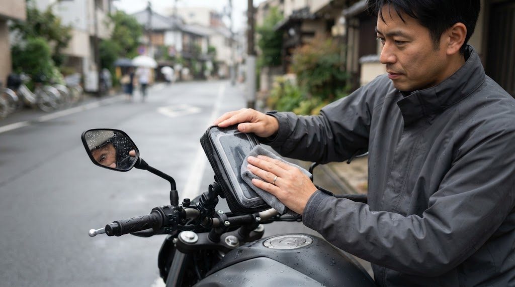 雨上がりに、男性がハンドルバーの防水ケース型スマホホルダーの透明な表面についた水滴をタオルで拭き取っている様子
