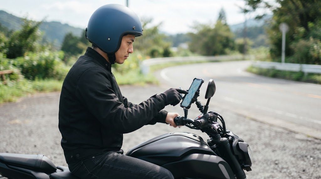 道路わきに止めたバイクにまたがった男性が、ホルダーに付けたスマホを指で操作してナビの目的地を設定している横向きの姿