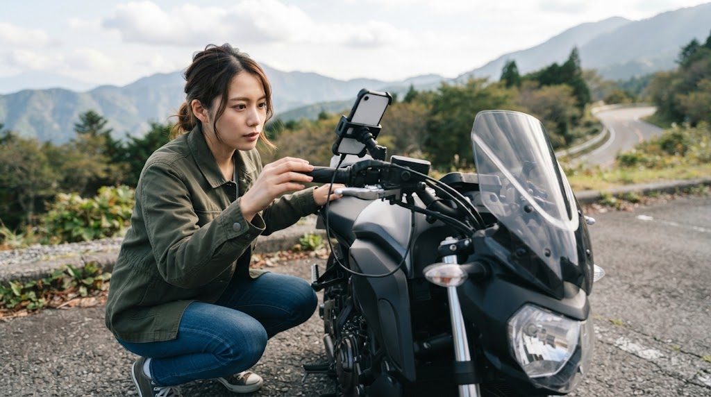 ハンドルを切って停めたバイクの前でしゃがんだ女性が、スマホホルダーと充電ケーブルがタンクやスクリーンに当たっていないかを目で確かめている様子