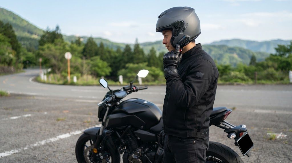 山あいの道で、ヘルメットをかぶった男性がヘルメット側面のインカム本体のボタンをグローブをした指で押している横向きの姿