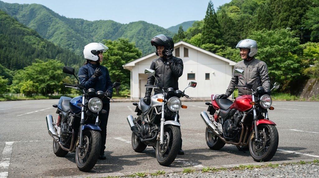 広い駐車場で、ヘルメットをかぶった3人のライダー(女性1人、男性2人)がそれぞれのバイクの横で話している様子