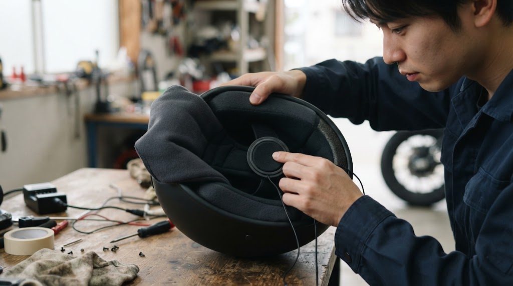 作業台の上でヘルメットの内装を少しめくり、耳の位置のくぼみに薄いスピーカーを合わせて貼り付けている男性の手元