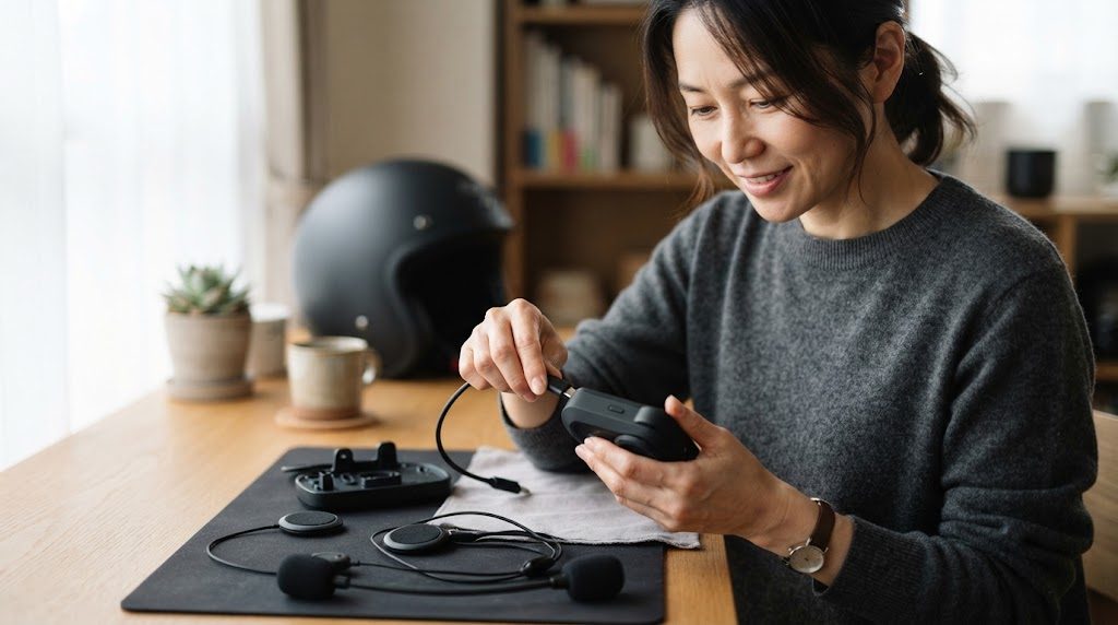 自宅の机の上に、インカム本体、取り付け用の台座、スピーカー、マイクを並べ、女性が充電ケーブルをインカム本体につないでいる様子