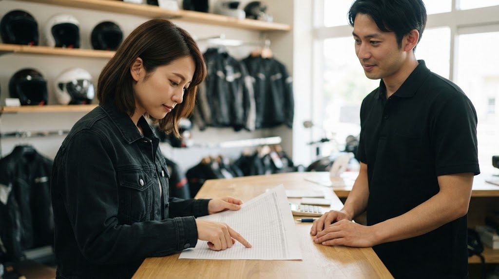 バイク用品店のカウンターで、女性客が店員から受け取った見積書の欄を人さし指でたどって確かめている様子