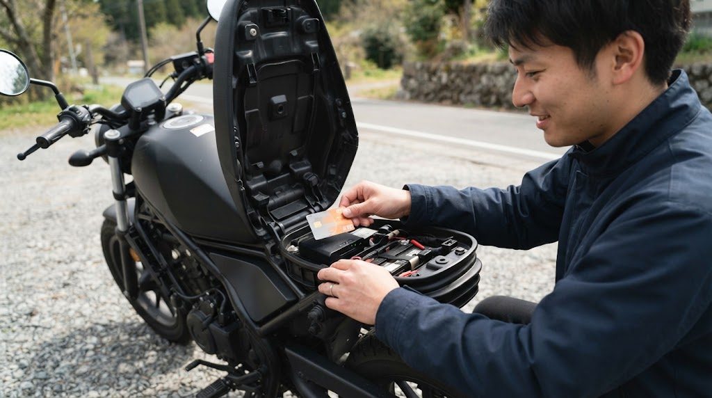 シートを開けたバイクのシート下の小物入れに収まった黒い車載器の本体に、男性がETCカードを差し込もうとしている手元