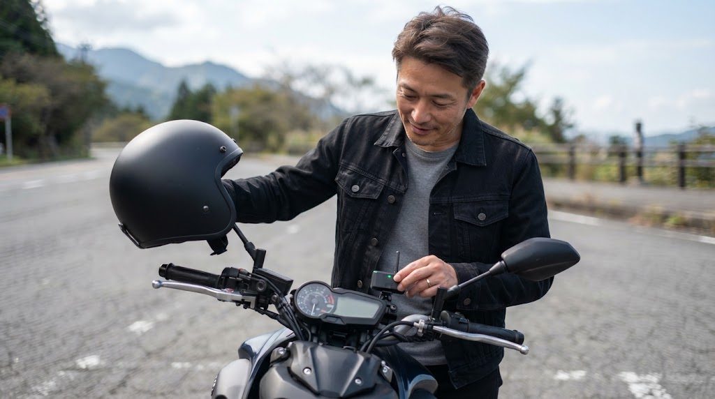 バイクのメーター横に付けた小さなアンテナと緑の表示ランプを、停車中の男性ライダーが上からのぞき込んで確かめている様子