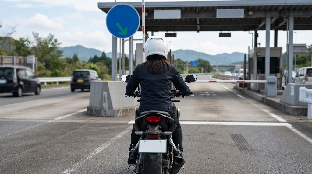 高速道路の料金所のレーンへ、速度を落としてゆっくり進んでいくバイクとヘルメットをかぶった女性ライダーの後ろ姿