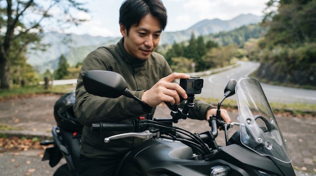 停車中のバイクのハンドル近くに付けた小型の前カメラのレンズの向きを、素手の男性が調整している手元