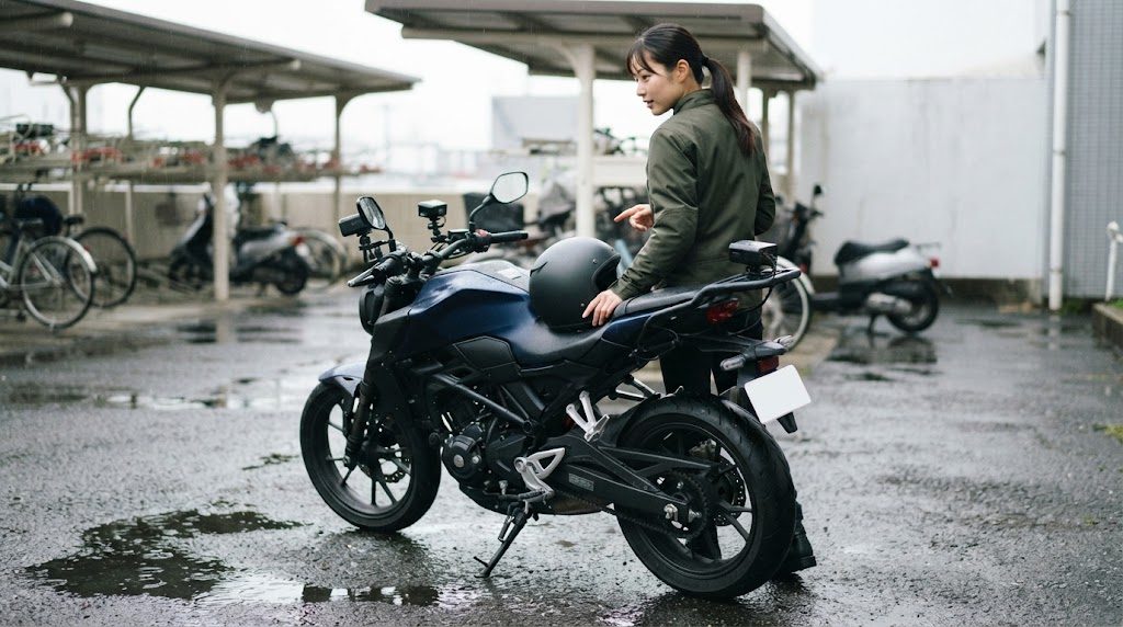 雨上がりの駐輪場で、前後にカメラを付けた通勤用のバイクを、女性ライダーが後ろ斜めから見てカメラの位置を見比べている様子