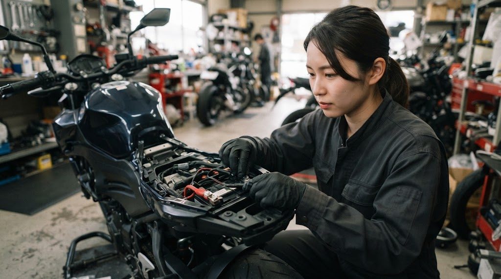 バイク用品店の作業場で、シートを外したバイクのバッテリーまわりの配線を、手袋をした女性スタッフが確かめている様子