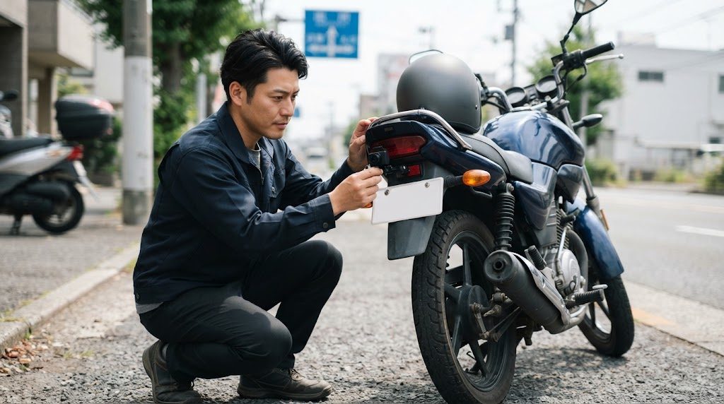 バイクの後部で、しゃがんだ男性がナンバープレートとテールランプを隠さない位置に付けた後ろカメラの角度を確かめている様子
