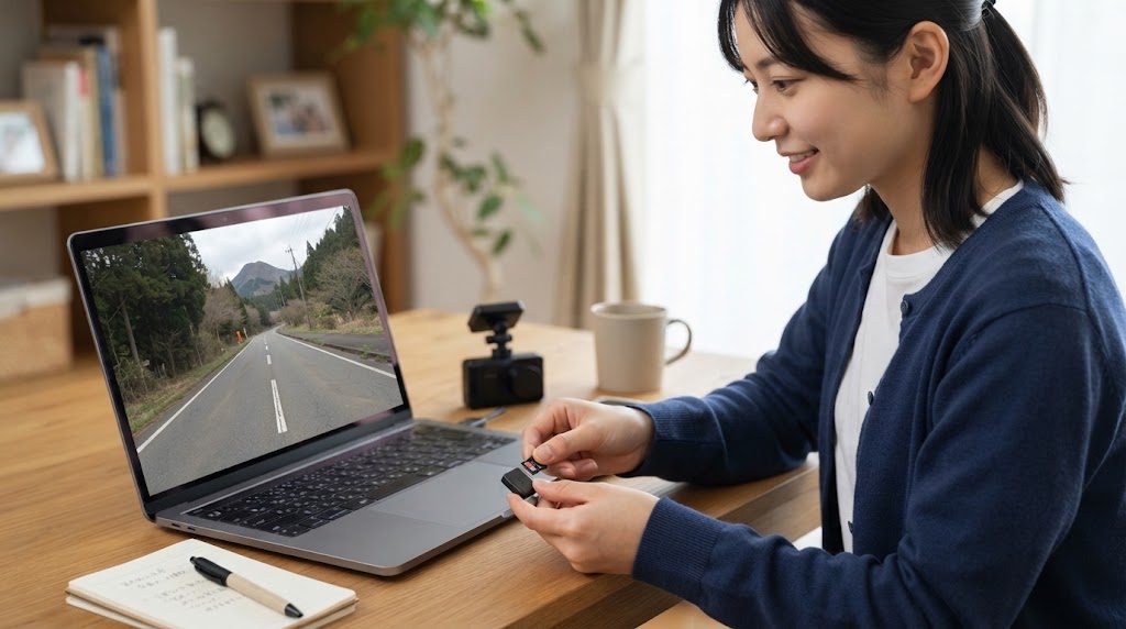 自宅の机で、女性がドライブレコーダーから取り出したmicroSDカードをカードリーダーに差し込み、ノートパソコンで走行中の映像を再生している様子