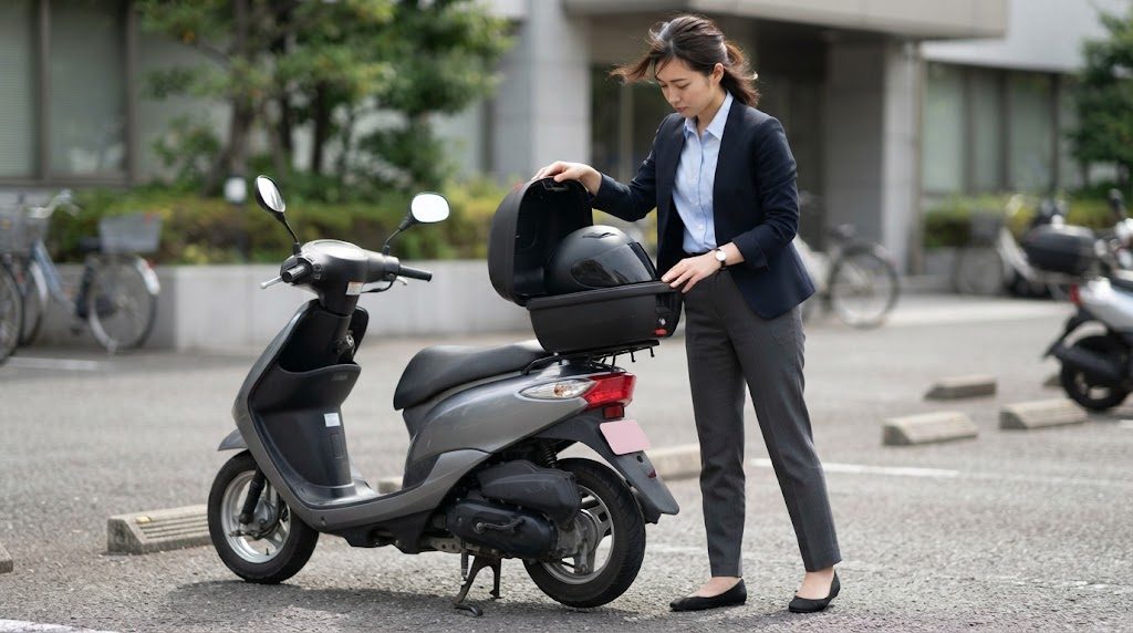 通勤用の小型スクーターの開いたリアボックスに、女性がフルフェイスヘルメットを入れている様子