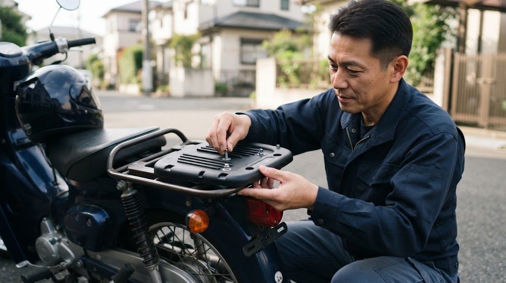 バイクのリアキャリアにボックス用のベースプレートを載せ、男性がボルトを通す穴の位置を合わせている手元