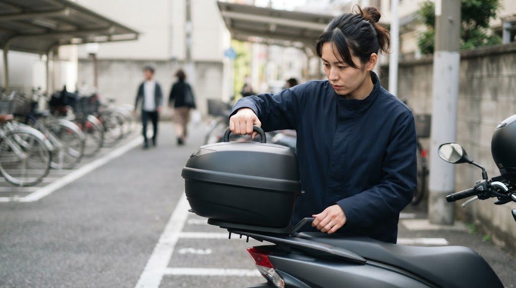 駐輪場で、女性がスクーターのリアボックスに鍵をかけたあと、取っ手を軽く引いてベースから外れないかを確かめている様子