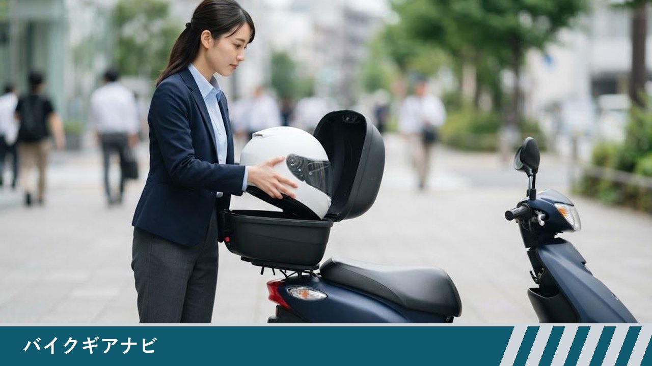 通勤服の女性が、小型スクーターの後ろに付けた開いたリアボックスにフルフェイスヘルメットを入れている様子