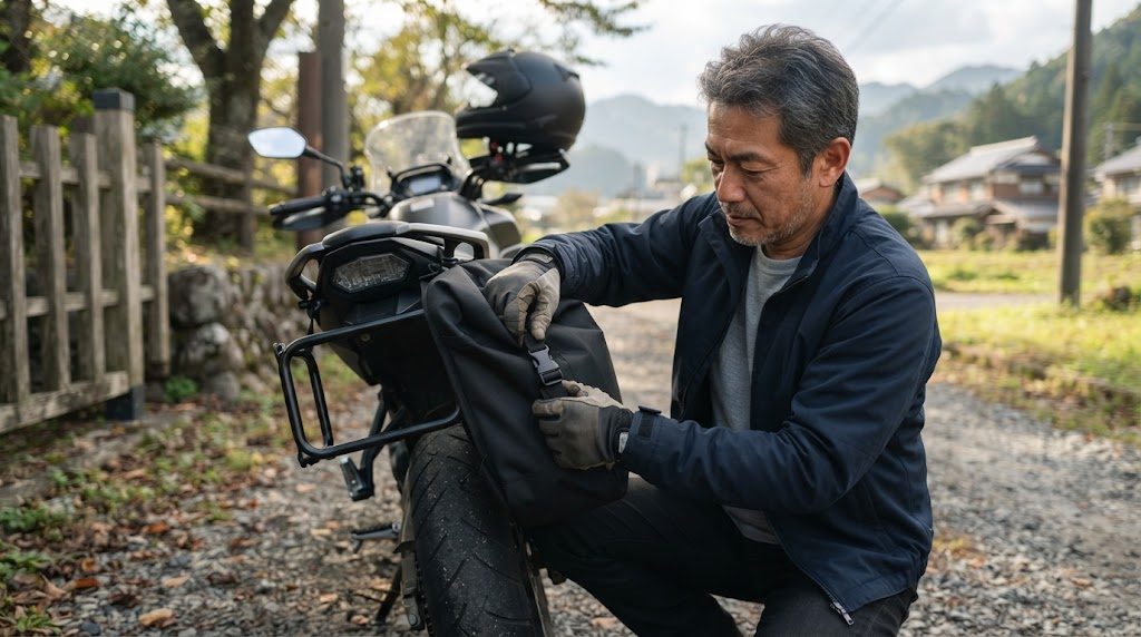 停車したバイクの車体の横に付けた支えに、しゃがんだ男性が片側のサイドバッグを取り付けている手元