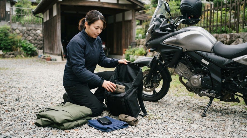 出発前、地面に並べたレインウェア、モバイルバッテリー、タオル、小さな工具袋を、女性ライダーがシートバッグに順番に詰めている様子