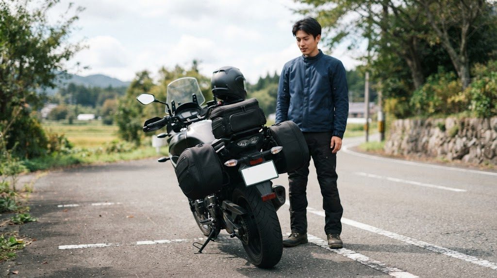 サイドバッグとシートバッグを積んだバイクを後ろから見て、少し離れて立つ男性が左右のバッグの高さがそろっているかを確かめている様子